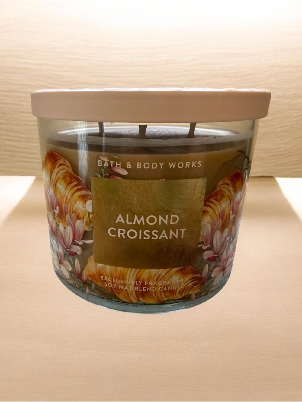Bath & Body Works Almond Croissant 3-Wick Candle - Cream & Gold Accents